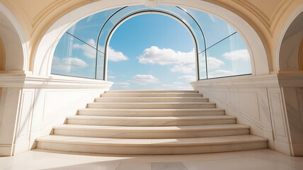 Fototapeta premium Elegant staircase leading to bright blue sky with fluffy clouds