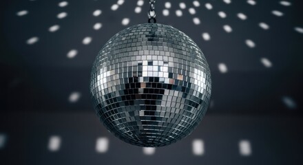 Obraz premium Shiny disco ball hanging from a chain, casting light reflections onto the surrounding ceiling