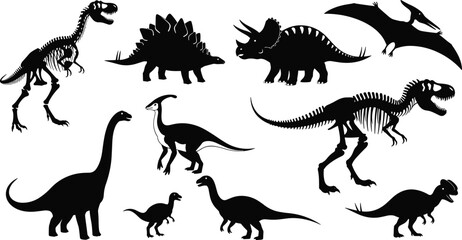 Black Dinosaur Silhouettes and Skeleton Vector Collection Featuring Tyrannosaurus Rex Triceratops Stegosaurus Brachiosaurus and Pterodactyl Isolated on White Background for Prehistoric  © IconicCreations