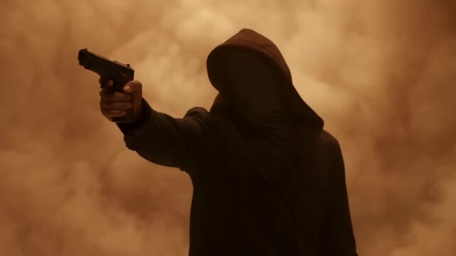 Hooded figure in smoky ambiance aiming gun with dramatic tension