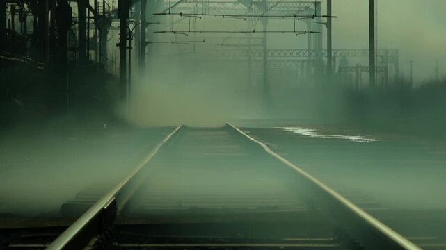 Mystical train tracks emerge from fog in industrial setting at dusk