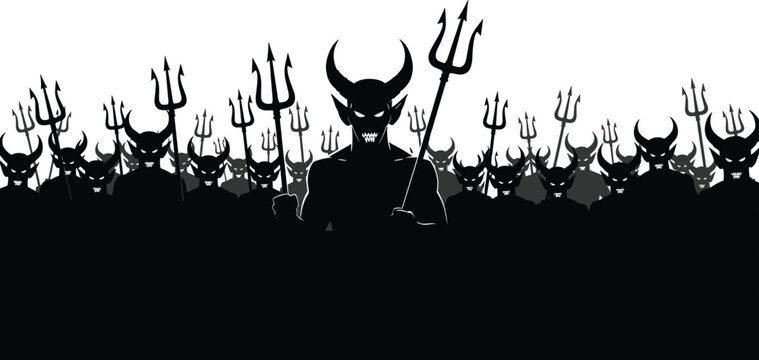 Dramatic black silhouette vector illustration of a demonic army featuring horned devils holding pitchforks and tridents isolated on white background for horror design