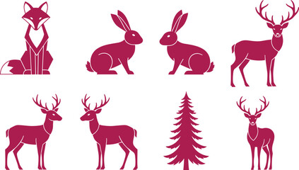 Minimalist vector silhouette set of forest animals featuring magenta deer fox rabbits and pine tree isolated on white background for winter woodland holiday design