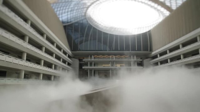 Urban atrium morning with misty ambiance and soft light