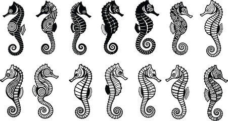 Set of fourteen decorative seahorse vector silhouettes featuring intricate tribal and floral patterns in black and white for marine life graphic design projects. © IconicCreations