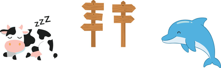 Obraz premium Cute Cartoon Farm Cow Sleeping Near Wooden Signposts and Happy Dolphin Character Isolated Vector Illustration Set