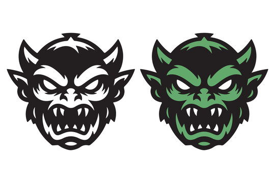 Fierce goblin head mascot logo set with green monster and black silhouette for esports gaming vector illustration