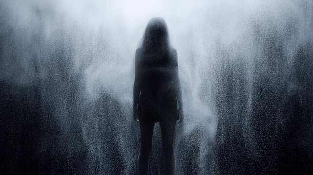 Mysterious silhouette emerging through thick fog in eerie atmosphere