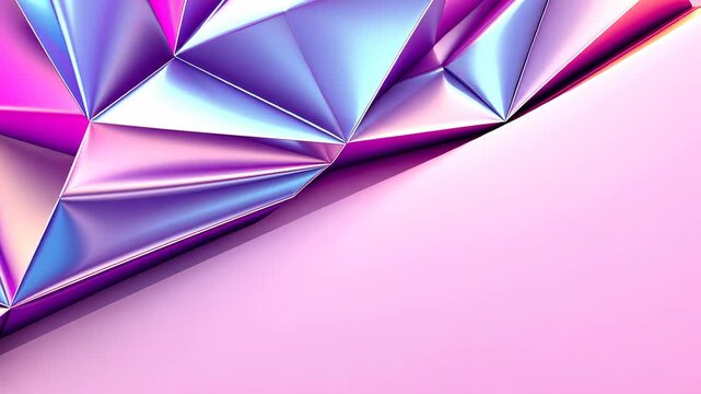 Abstract polygonal shapes smoothly changing, featuring iridescent surfaces and soft pink and blue gradient