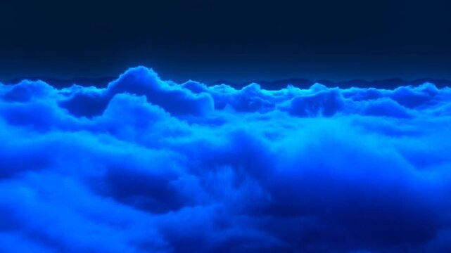 Surreal journey through glowing blue clouds at night