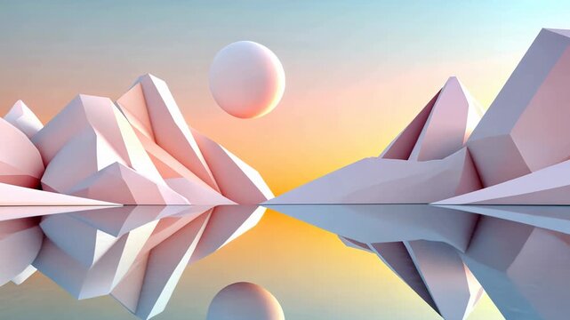 Pink polygonal mountains reflected on water surface under big white sun