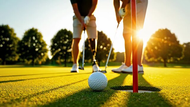 Men playing golf on putting green at golden hour
