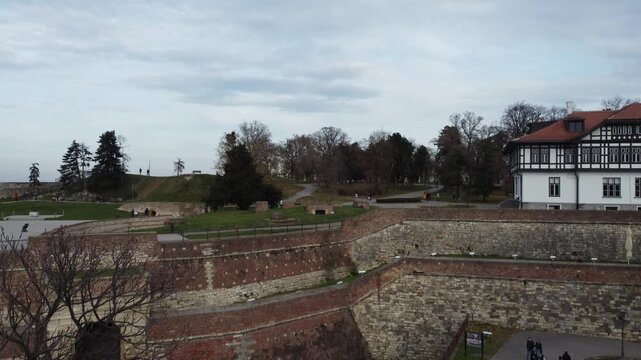 Drone flight above the Kalemegdan fortress at Belgrade. Summer photo from drone. Serbia.