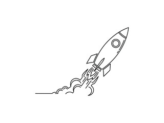 A black and white illustration of a rocket ship blasting off into space Vector