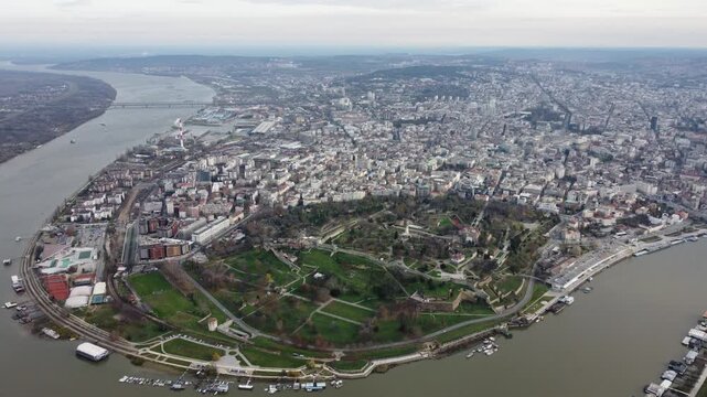 Drone flight above the Kalemegdan fortress at Belgrade. Summer photo from drone. Serbia.