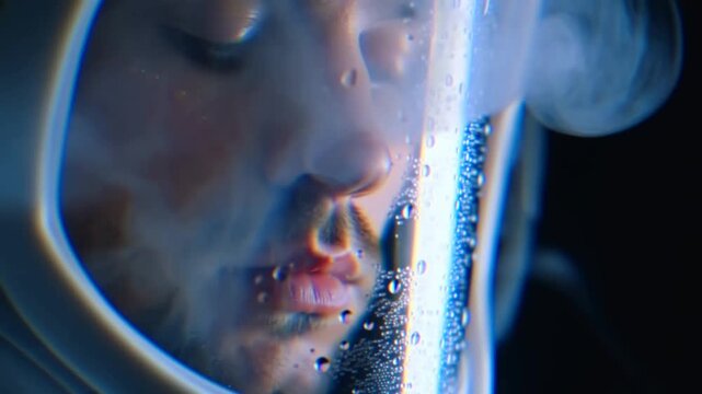 Astronaut reflections in space suit visor with gentle movements and ethereal glow