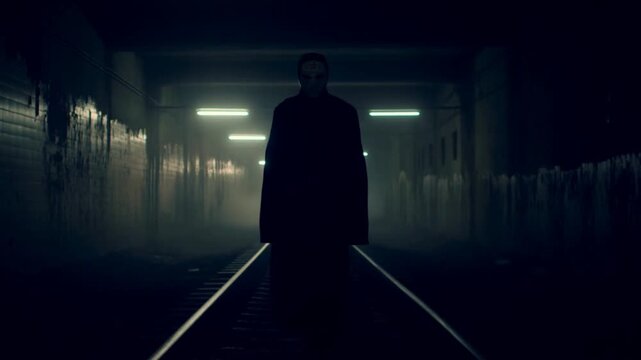 Mysterious figure walking through urbantunnel with surreal distorted interlude