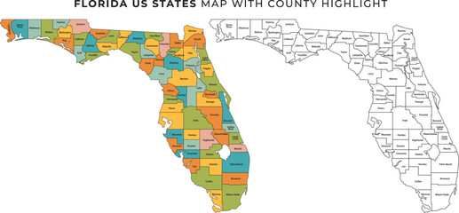 Florida us states map with colorful county highlight illustration