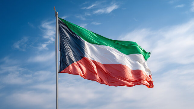 kuwaiti flag waving in the wind. flag of kuwait in blue sky