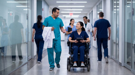 Fototapeta premium Medical professionals walking and talking in modern hospital corridor