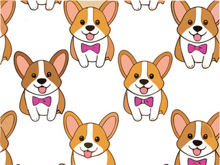 Obraz premium Cute corgi dog seamless pattern with bow tie cartoon puppies for nursery print, fabric and pet themed design