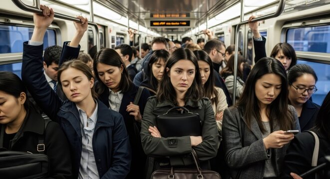 People commuting on a crowded subway train during rush hour. Urban public transportation for daily travel. Overcrowding city concept.