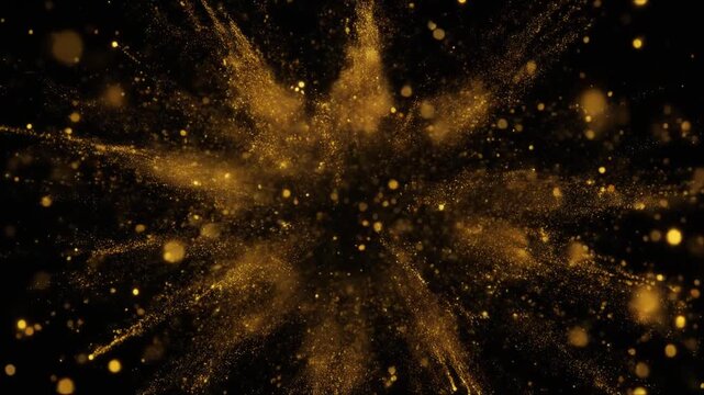 Golden glitter explosion bursting in slow motion against a black background as a cinematic 3D particle effect for celebratory transitions and festive video backgrounds