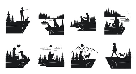 Man dog and scenic landscapes in a striking black silhouette