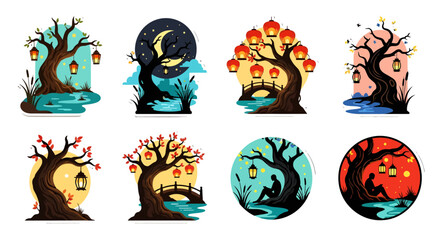 Fototapeta premium Mystical trees with lanterns and moonlit landscapes a sticker collection silhouette