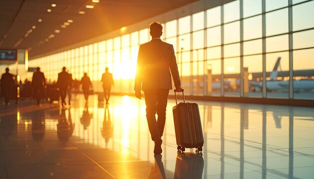 Silhouette traveler walking through spacious airport terminal pulling rolling suitcase at golden sunrise