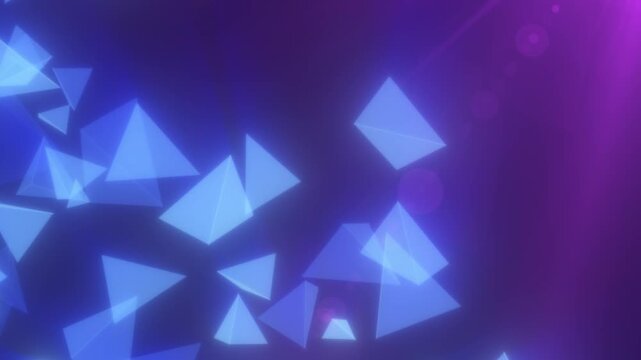 Floating translucent blue triangles and polygon shards on purple gradient