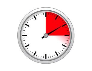 A clock face shows time elapsed, with a quarter highlighted in red. The hands indicate progress toward completion. The image is on white