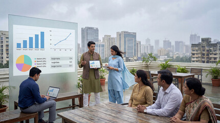 Fototapeta premium Indian business startup team presenting market analysis and performance charts during outdoor corporate meeting on rooftop terrace with city skyline