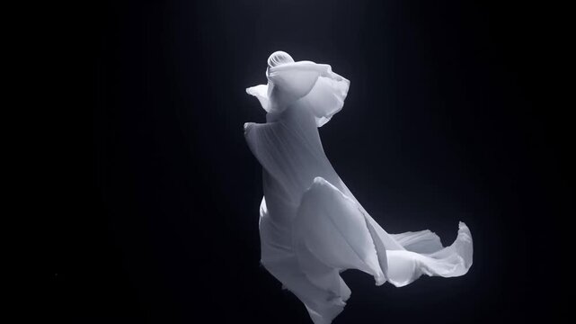 Graceful flow of white fabric in slowmotion underwater dance against dark background