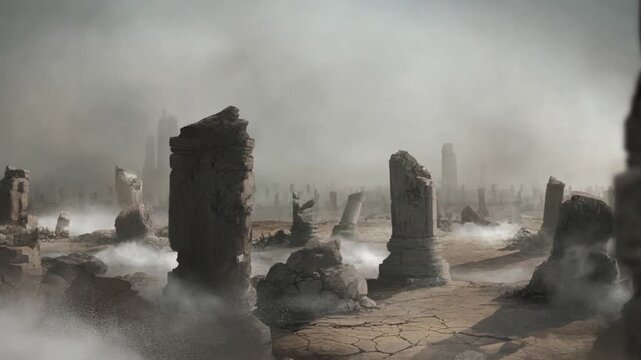 Mysterious mist over ancient ruins in deserted landscape