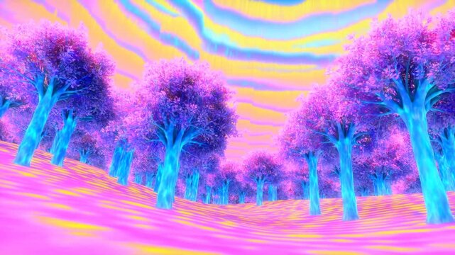 Vibrant psychedelic forest: colorful trees and surreal rolling hills in a dreamlike landscape
