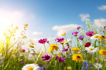 Fototapeta premium Vibrant Summer Landscape with Colorful Wildflowers Under Clear Blue Sky