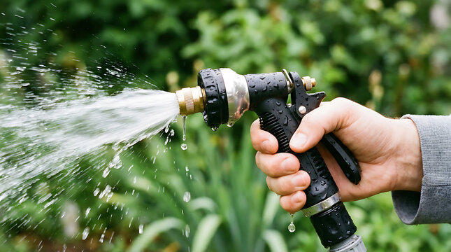 Hand holding garden hose nozzle spraying water mist on green plants in backyard