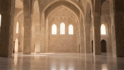 Mosque interior with symmetrical arches and soft natural light Islamic architecture background