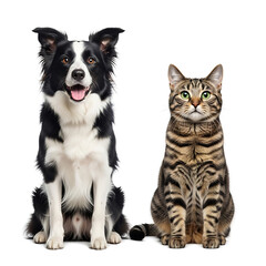 Fototapeta premium Adorable Border Collie dog and a beautiful tabby cat companion sitting side-by-side, showcasing a perfect pet friendship, isolated on a clean white background