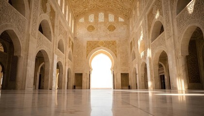 Fototapeta premium Mosque interior with symmetrical arches and soft natural light Islamic architecture background