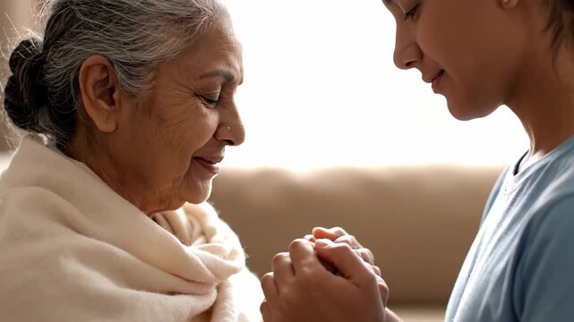 Young female caregiver holding hands with a senior indian woman showing support. Compassionate healthcare and assistance for elderly people in a nursing home or at home