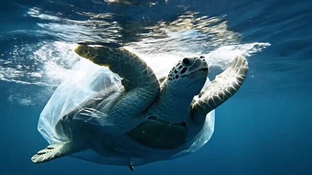 Sea Turtle Entangled Plastic Bag Underwater Ocean.