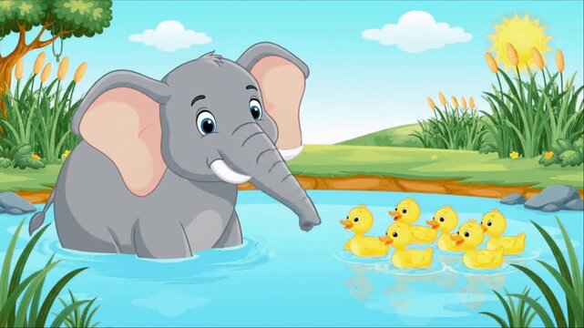 Cute baby elephant playing in the water at the park in a fun cartoon style