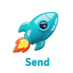 Obraz premium Blue rocket ship 3D icon with send text and fire exhaust blast symbolizing fast delivery, startup launch, and messaging on transparent background
