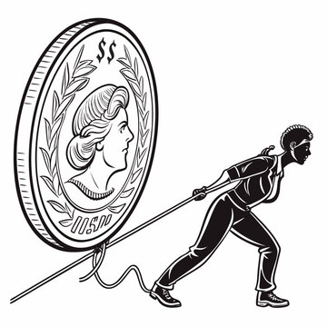 Man dragging large coin with dollar sign person money