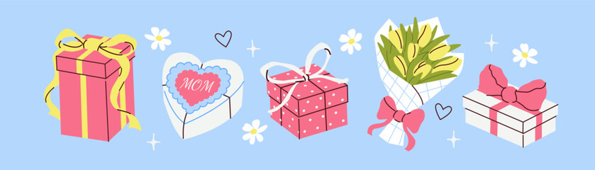 Mothers Day gift boxes, blooming flower bouquet and other celebration elements. Festive vector collection for greeting card, promotion, spring design. © Irina Strelnikova
