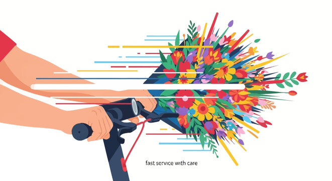 A person swiftly delivers a vibrant, exploding bouquet of fresh flowers on an electric scooter, symbolizing fast and careful service.