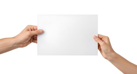Obraz premium Person holding a blank white card in hands isolated on white background