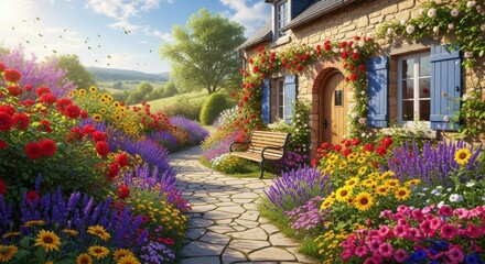 Fototapeta premium Serene Cottage Garden: An idyllic cottage is enveloped by a vibrant, fragrant garden filled with a variety of colorful blooms, stone pathway and a inviting atmosphere of tranquility.